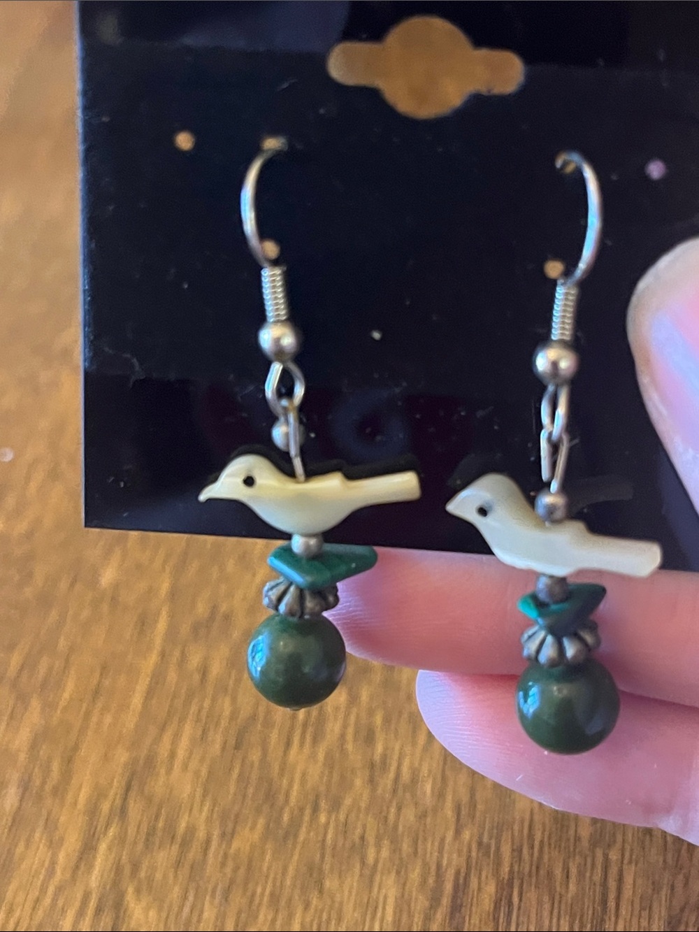 Handmade Bird Dangle Earrings - Cream and Green